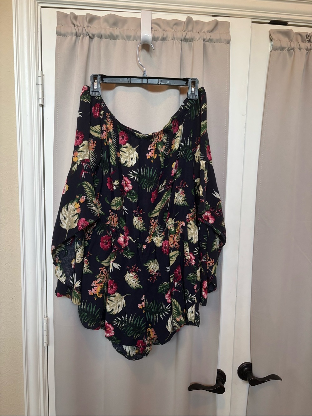 Umgee Navy Floral Off-Shoulder Romper with kimono flared sleeves